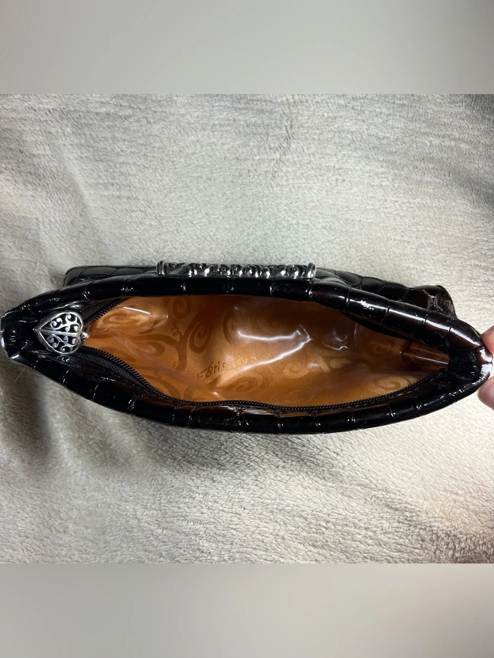 Brighton Brown Croc Embossed Patent Cosmetic Pouch Makeup Bag Leather Trim
